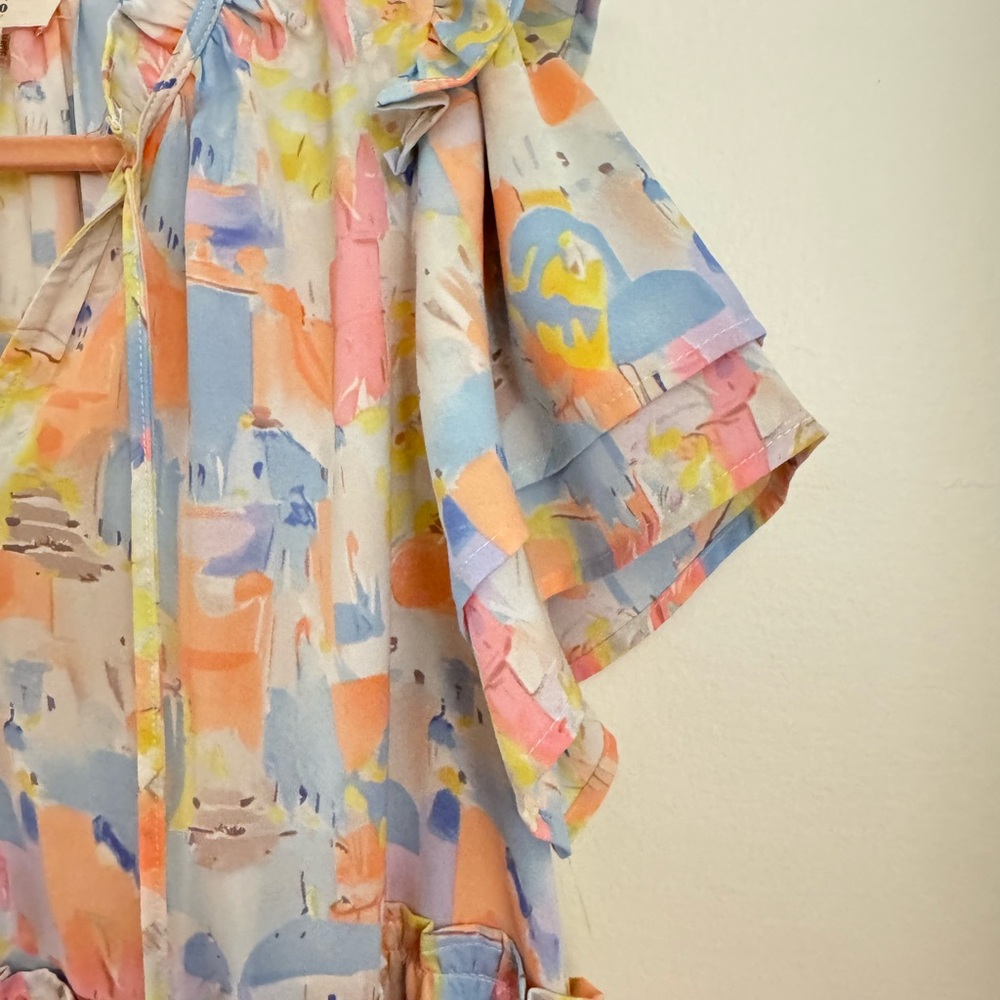 Entro NWOT Pastel Santorini Print Tiered Mini Dress Ruffle Sleeves Babydoll Med - Picture 8 of 8